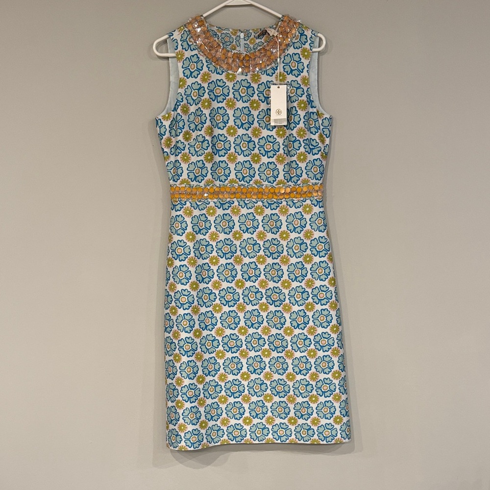 NWT  Tory Burch Blue and Yellow Floral Midi Dress with Embellished Neckline.